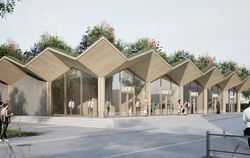 Der Green Pavillon bekommt ein Tragwerk aus regionalem Holz.  VISUALISIERUNG: OUTLETCITY