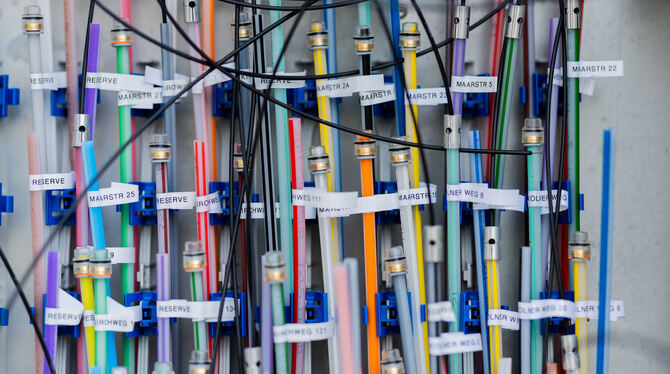 Glasfaserleitungen liegen in einem Verteilerkasten.