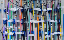 Glasfaserleitungen liegen in einem Verteilerkasten.