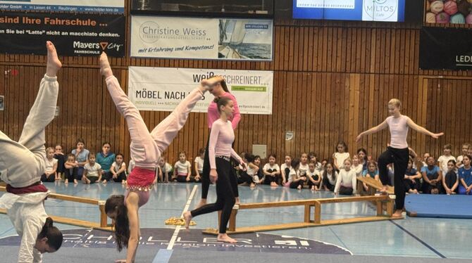 Bewegung war Trumpf am Sonntagnachmittag in der Pfullinger Kurt-App-Halle: Ob zu zweit am Reck oder beim Bodenturnen, die vielen Bewegung war Trumpf am Sonntagnachmittag in der Pfullinger Kurt-App-Halle: Ob zu zweit am Reck oder beim Bodenturnen, die vielen