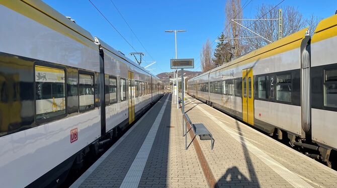 Zwei Züge der Ermstalbahn haben am Montagvormittag den Bahnhof Dettingen-Gsaidt erreicht und fahren gleich weiter zu ihren Ziele