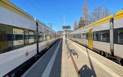 Zwei Züge der Ermstalbahn haben am Montagvormittag den Bahnhof Dettingen-Gsaidt erreicht und fahren gleich weiter zu ihren Ziele