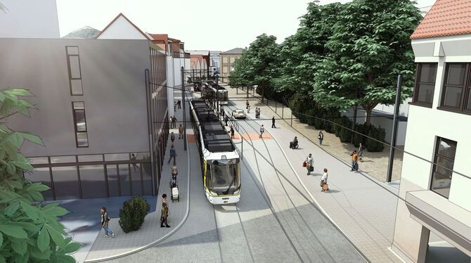 Am Lindachknoten gen Gartenstraße: Die Visualisierung zeigt den Albtorplatz mit Stadtbahn.