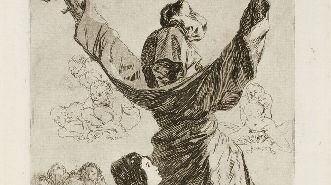 Eine fromme Frau betet einen Baumstumpf im Priestergewand an.