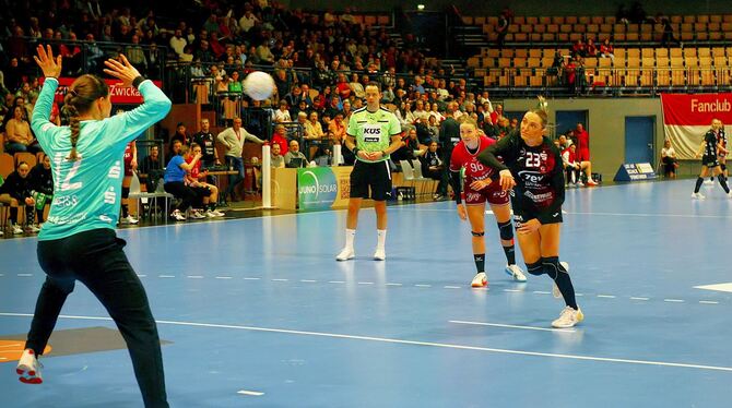 Die Ex-Metzingerin Silje Brons Petersen (rechts) - hier im Siebenmeter-Duell mit Marie Weiss - verhindert kurz vor Schluss mit i