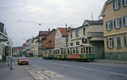 Im Oktober 1974 fuhr die Straßenbahn auf der Marktstraße durch Pfullingen.