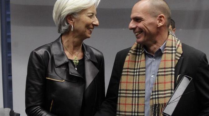 Schuldenberatung: IWF-Chefin Christine Lagarde und Gianis Varoufakis. Foto: Orestis Panagiotou/Archiv