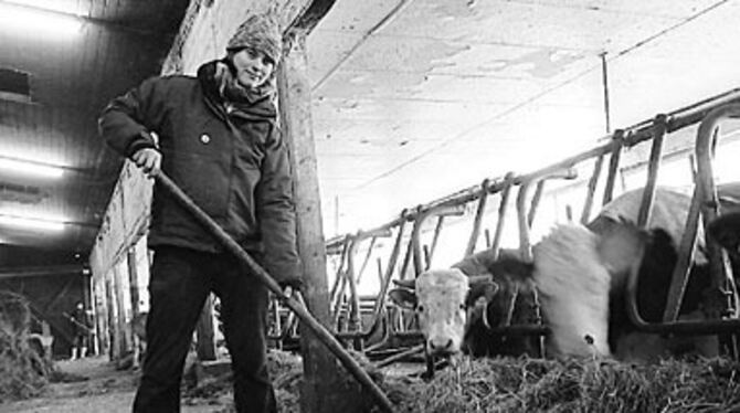 So kann ein Freiwilliges Ökologisches Jahr aussehen: Auf dem Biolandhof Bleiche hilft Cordula Rutz im Stall.
FOTO: GERHARD SCHINDLER