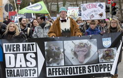 ARCHIV - Zahlreiche Tierschützer demonstrieren in Tübingen gegen den Einsatz von Affen in der Forschung am Max-Planck-Institut f