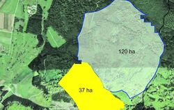 Die vorgesehene Windkraft-Konzentrationsfläche auf dem Hohfleck wird um 37 Hektar reduziert (gelbe Fläche). Damit fallen zwei de