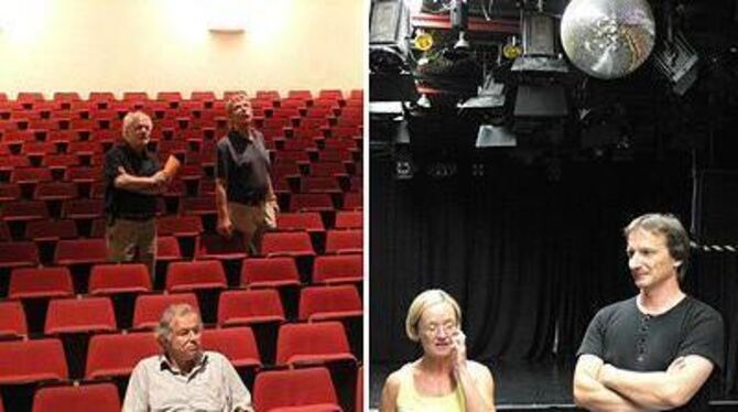 Kulturamtsleiter Werner Ströbele (linkes Bild vorne) und die Gemeinderäte Thomas Ziegler (links) und Kurt Gugel staunen über die