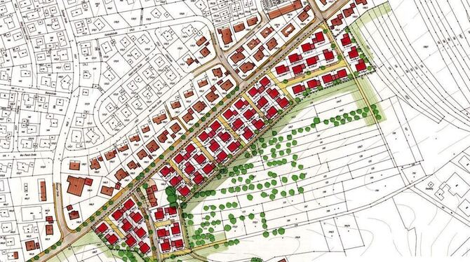 Drei Grundstücksreihen hat der Planer an der Albert-Schweitzer-Straße (im Plan diagonal zu sehen) vorgesehen. Sie sind im Plan r Drei Grundstücksreihen hat der Planer an der Albert-Schweitzer-Straße (im Plan diagonal zu sehen) vorgesehen. Sie sind im Plan r