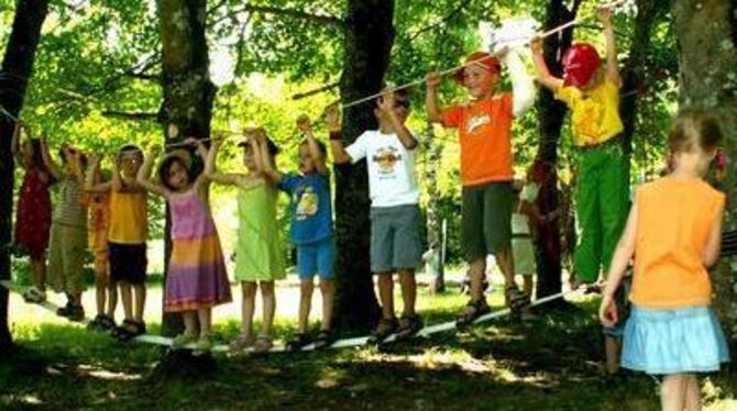 Auf dem &raquo;Hochseil-Kletterparcours&laquo;, den der Waldkindergarten eingerichtet hatte, fühlten sich beim Treff auf der Eni