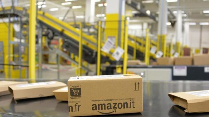 Pakete werden im Amazon-Logistik-Zentrum im brandenburgischen Brieselang ausgeliefert. Foto: Bernd Settnik/Archiv
