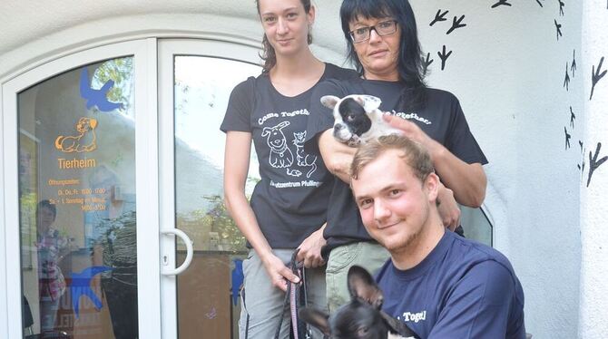 Sie haben ein Herz für Tiere in Not: die Mitarbeiter des bmt-Tierschutzzentrums Alina Schneider (von links) mit dem Dackel Aki u
