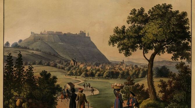 Nur von außen idyllisch: der Hohenasperg auf einem historischen Aquarell.