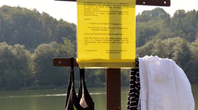 Warnschilder am Kirchentellinsfurter See weisen auf das Blaualgen-Problem hin. FOTO: VEY