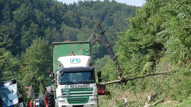 Äste und kleinere Baumstämme werden gleich vor Ort gehäckselt (links unten) und als Industrieholz abtransportiert. Felsbrocken von Steilhängen sind tonnenweise an den Angelseen gelagert (links oben). Die Asphaltierungsarbeiten in Seeburg und auf der anschließenden Steige Richtung Münsingen-Trailfingen sind seit gestern geschafft. FOTOS: PFISTERER