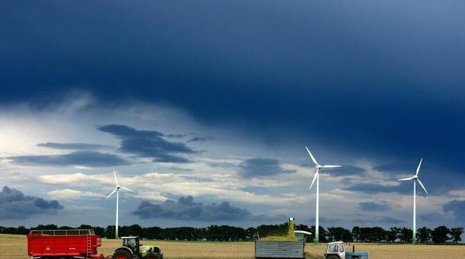 Dunkle Wolken ziehen über ein Getreidefeld. Die Bauern befürchten ein massives Höfesterben. Foto: Patrick Pleul