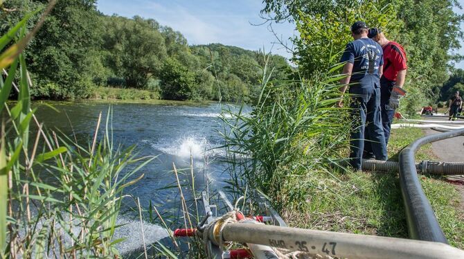 Feuerwehrschläuche liegen nach einem Chemieunfall in Eberbach am Ufer der Jagst. Dahinter stehen Mitglieder der freiwilligen Feu