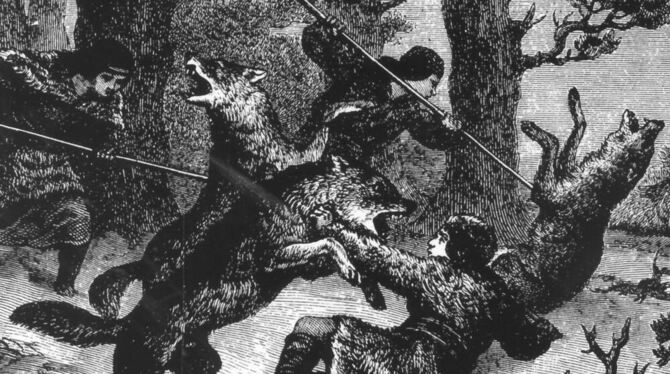 Rulaman, Ara und Obu auf der winterlichen Alb im Kampf mit Wölfen. FOTO: GEA-ARCHIV/RAINER-WUNDERLICH-VERLAG Rulaman, Ara und Obu auf der winterlichen Alb im Kampf mit Wölfen. FOTO: GEA-ARCHIV/RAINER-WUNDERLICH-VERLAG