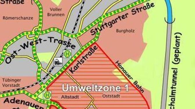 Zwei Umweltzonen  für Reutlingen: Karlstraße, Adenauer- und Lederstraße und B312/Am Echazufer sollen als Hauptverkehrsachsen (gr