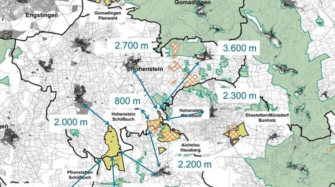 Windkraft-Planung auf der Alb: Die gelben Flecken sind Teil von Flächennutzungsplänen, die rot schraffierten Standorte werden vo