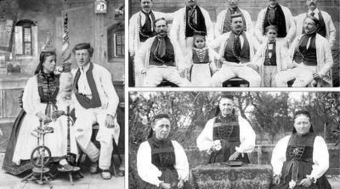 Betzinger Trachten auf alten Fotos: Aufnahmen von Paul Sinner (1880, links), Wilhelm Rössle aus Stuttgart (1910, oben) und einem