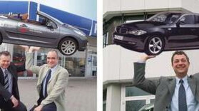 Eins, zwei, hoch! Frank Reinhardt und Stephan Wäckerlig, Geschäftsführer und Verlaufsleiter beim Autohaus Mayer, stemmen den neu