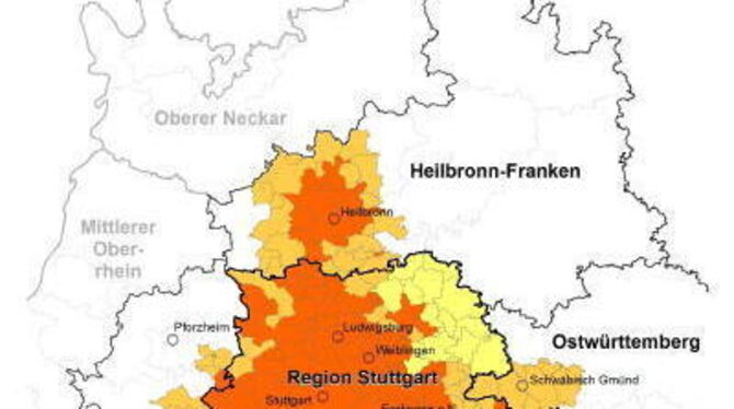 Metropolregion Stuttgart: Neben den Stuttgarter Nachbarkreisen sind die Landkreise Heilbronn, Göppingen, Reutlingen und Tübingen
