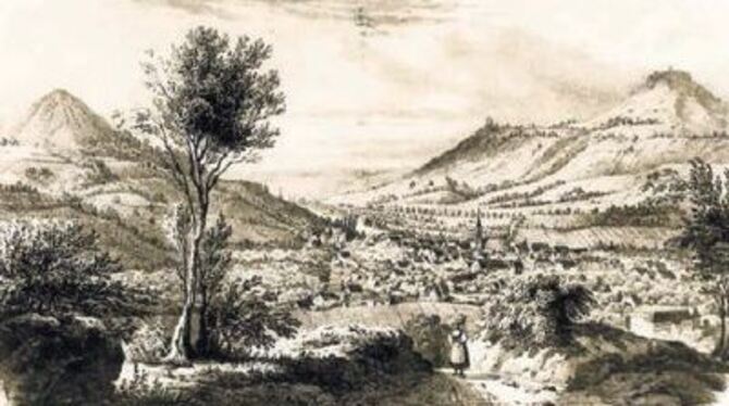 Pfullingen um 1835: Auf den südlichen und östlichen Hängen des Georgenbergs (links) wurde früher Wein angebaut. Rechts unten im