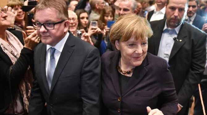 Wahlkampf mit Merkel: Die Bundeskanzlerin und der CDU-Spitzenkandidat für die baden-württembergische Landtagswahl, Guido Wolf