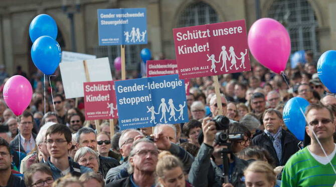 ARCHIV. Gegner des grün-roten Bildungsplans stehen mit Schildern in Stuttgart. Das Aktionsbündnis »Demo für Alle« demonstrierte