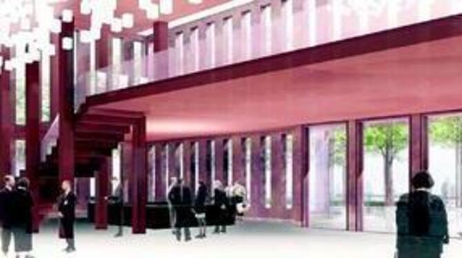 Der großzügige Eingangsbereich der neuen Reutlinger Stadthalle, wie Architekt Max Dudler ihn sich vorstellt: ebenerdig und vom T