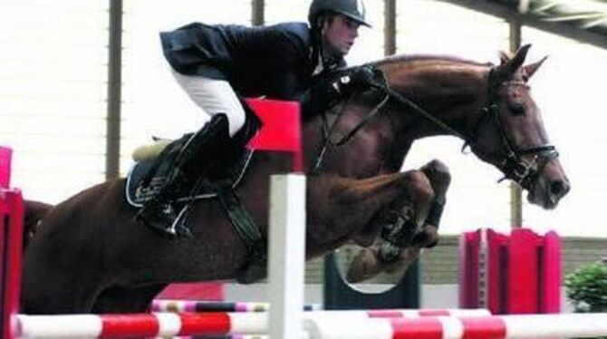 Dynamisch, kraftvoll, uneinholbar: Stute Concordia trägt Günter Treiber (Eppelheim) zum Sieg im Dußlinger S-Springen.
FOTO: REI