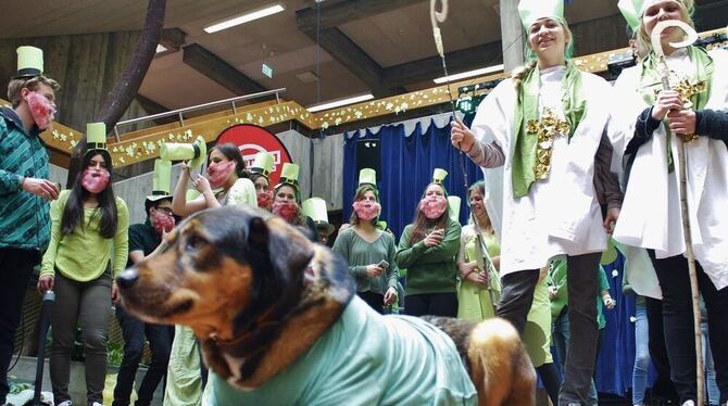 Sogar ein Hund in Grün: Als »Dream Team« bekamen die Abiturienten einen Preis, weil sie alle Aufgaben lösten. FOTO: BERNKLAU