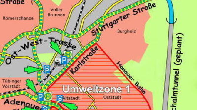 In Reutlingen gibt es zwei Umweltzonen. Die Hauptdurchfahrtsstraßen sind von den Fahrverboten ausgenommen. Die meisten Parkhäuse