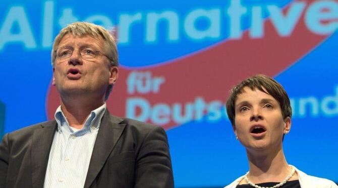 Die AfD-Parteivorsitzenden Jörg Meuthen und Frauke Petry singen auf dem AfD-Bundesparteitag in Stuttgart die deutsche Nationa