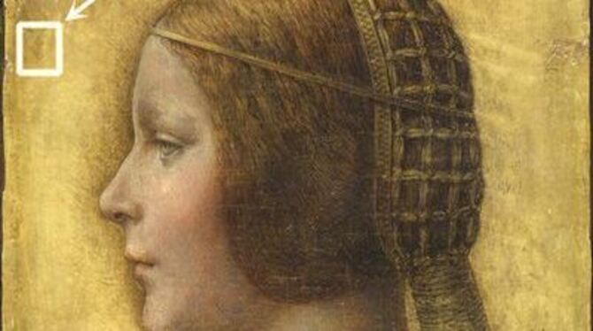 Das von einigen Experten nun Da Vinci zugeschriebene Gemälde. Der kleine, eingerahmte Bildausschnitt zeigt den Fingerabdruck, de