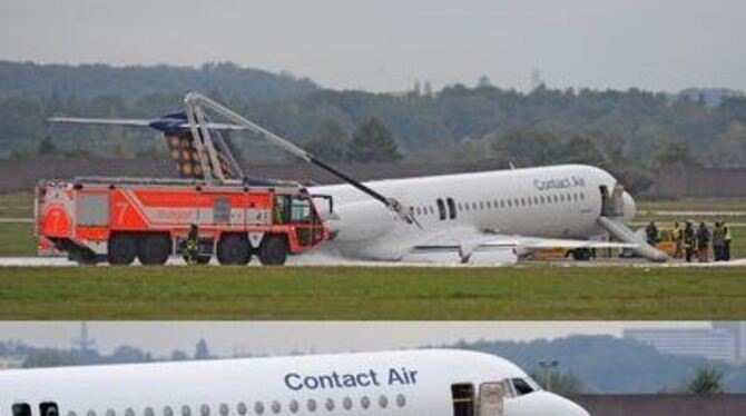 Nach Fahrwerksproblemen musste die Fokker 100 der Contact Air auf dem Stuttgarter Flughafen notlanden. FOTO: DPA