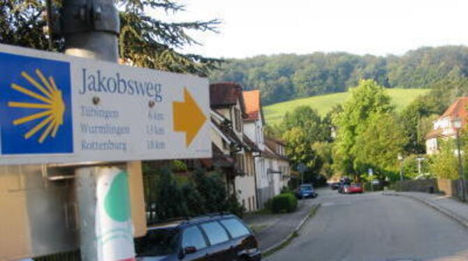 Gut 2 400 Kilometer vor dem Ziel: In Bebenhausen kündigt der Wegweiser mit der stilisierten Muschel zumindest einmal die nächste