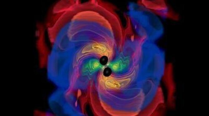 Die Überreste einer fernen Supernova-Explosion erscheinen als einander umkreisende schwarze Löcher. Die Gravitationswellen sind