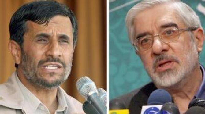 Der iranische Präsident Mahmud Ahmadinedschad (l) und sein unterlegender Herausforderer Mir Hussein Mussawi.
ARCHIVFOTOS: DPA