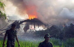 Das brennende Wrack des Militärtransporters liegt in einem Reisfeld. FOTO: DPA