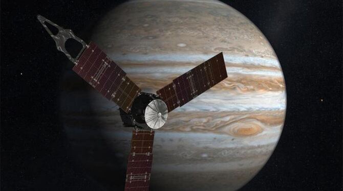 Nach rund fünf Jahren Flug hat die Raumsonde »Juno«, hier ein von der Nasa erstelltes Bild, den Jupiter erreicht. Foto: NASA