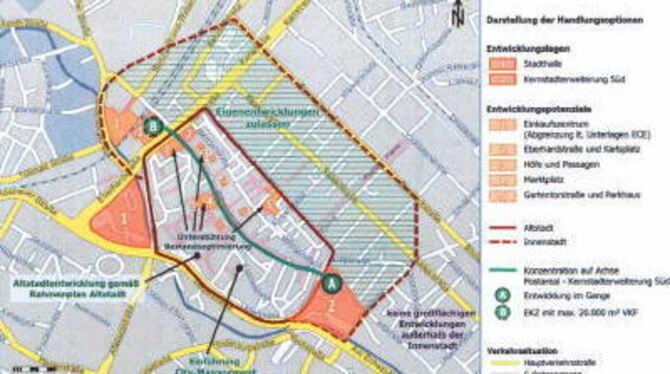 Entwicklungspotenziale für Reutlingens Innenstadt sieht das Einzelhandelsgutachten vor allem im Bereich des Postviertels (B) und