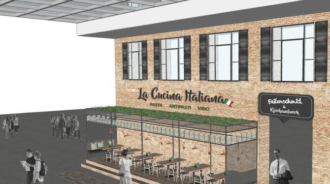 Markante Neuerung in der gut 2000 Quadratmeter großen Markthalle: Klinkerwände im Atrium. GRAFIK: SCHÖLLER Markante Neuerung in der gut 2000 Quadratmeter großen Markthalle: Klinkerwände im Atrium. GRAFIK: SCHÖLLER