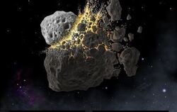 Die Illustration zeigt die Kollision zweier Asteroiden zwischen Mars und Jupiter. Bruchstücke davon (oben) haben den Einschlag i